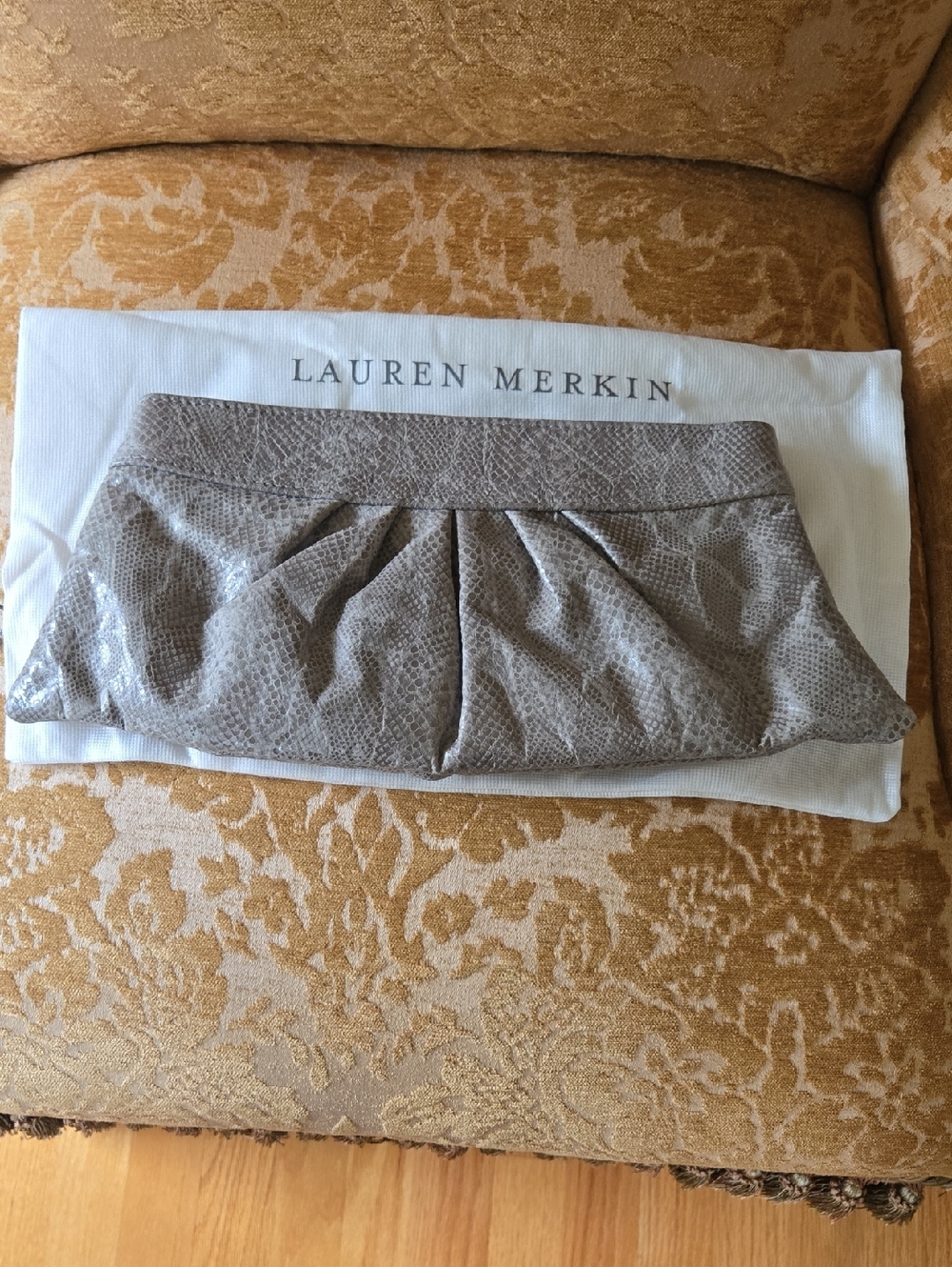 Lauren Merkin Neutral Taupe Pleated Snakeskin Clutch